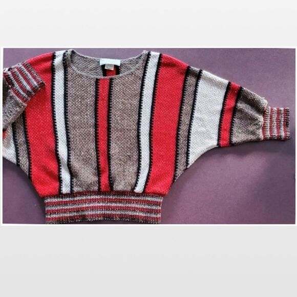 Vintage 80’s Vivanti Sweater Womens Small Knit Striped Batwing Red Brown White - Picture 4 of 15